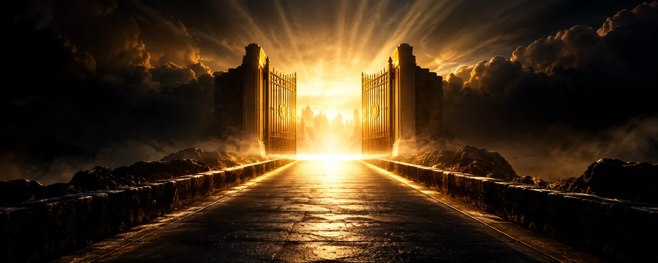 Open gates leading into radiant warm light