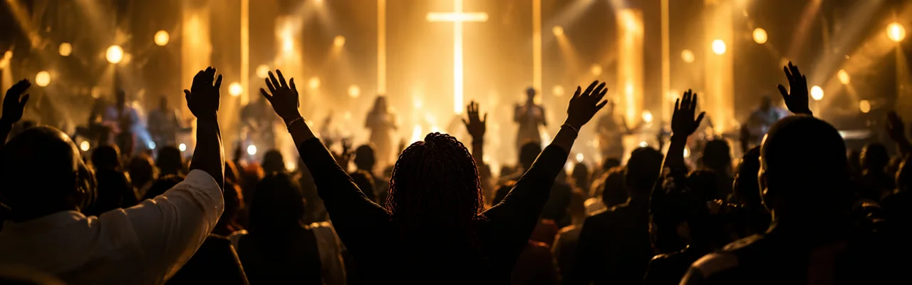 An intimate worship gathering with hands lifted