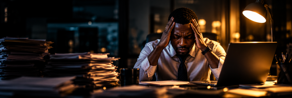 A man at a desk burdened by paperwork and deadlines