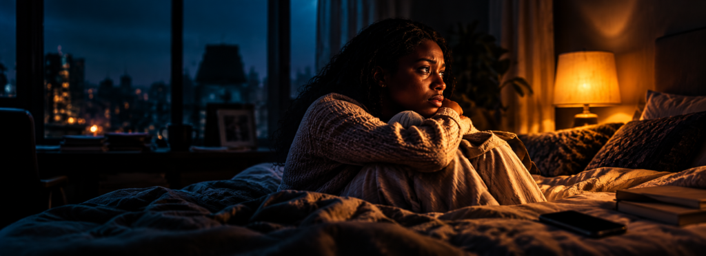 A woman sitting awake in a dark room