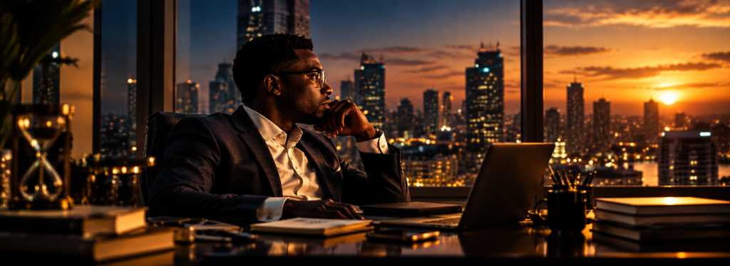 A man working late above a city skyline