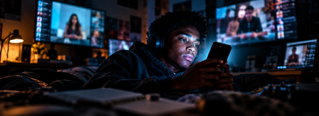 A young man surrounded by glowing screens