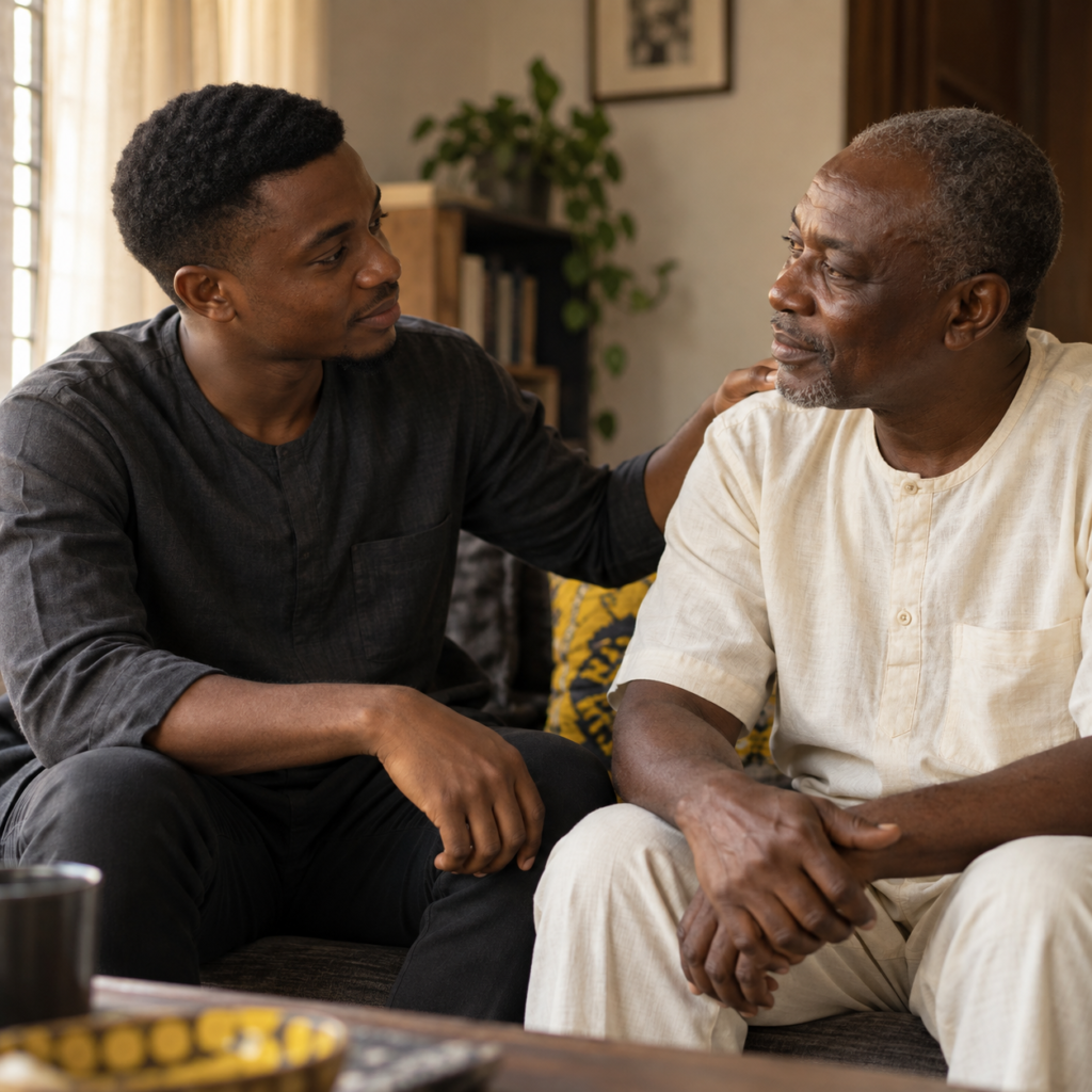 A young man listening with compassion to an older man