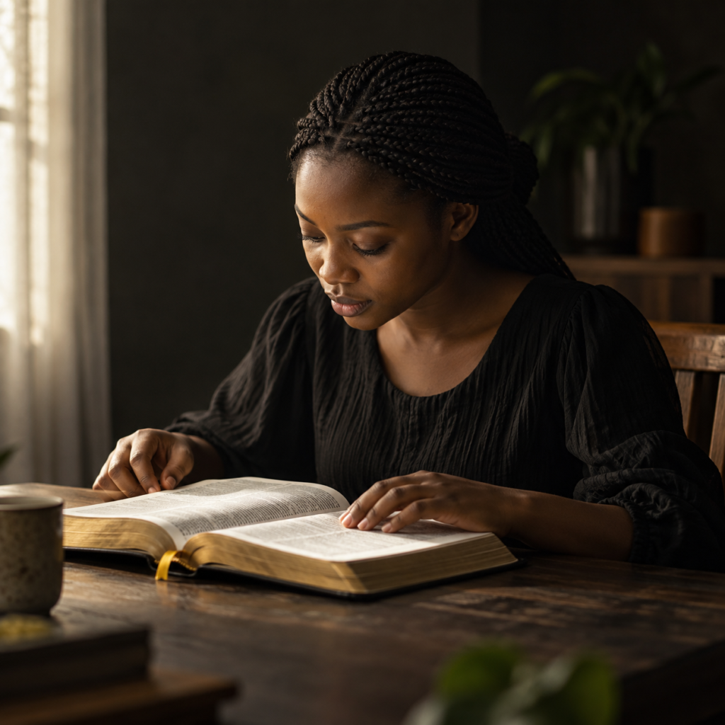 A young woman reading Scripture in quiet reflection