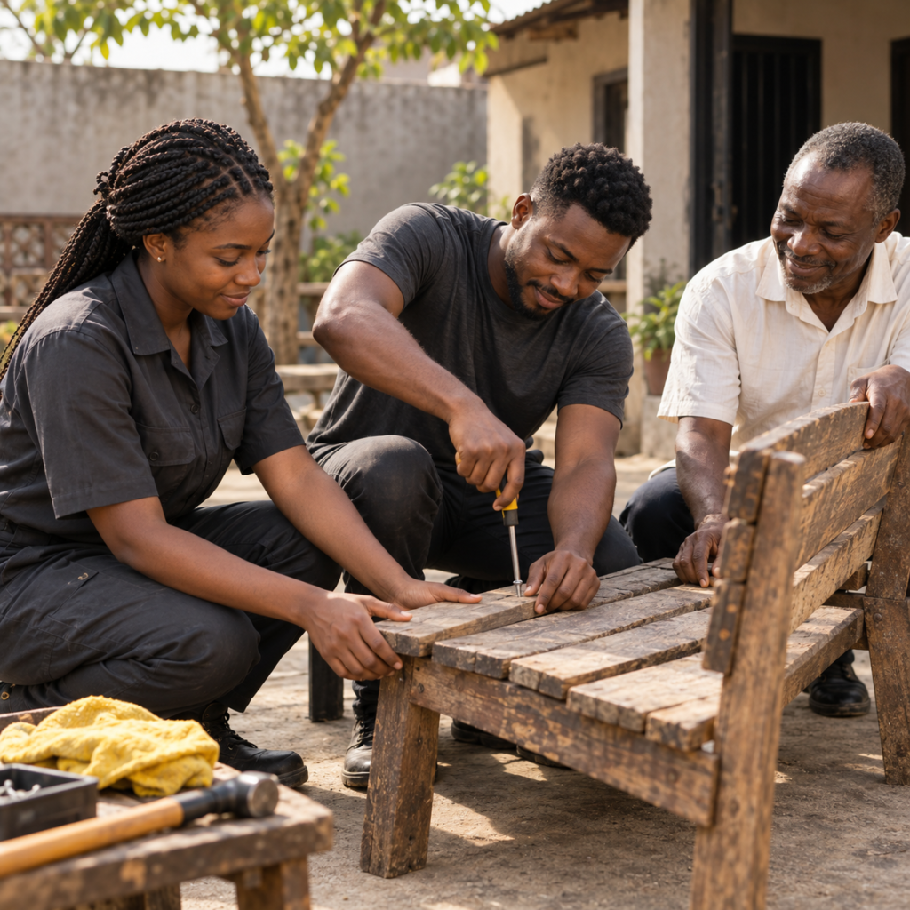 Community volunteers working together to repair a bench